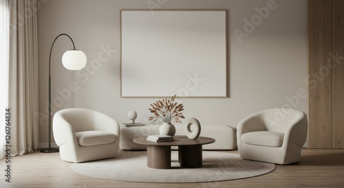 Minimalist living room, neutral tones, beige armchairs, round coffee table, pampas grass decor, floating shelves, framed art, pendant light, cozy atmosphere, Scandinavian design, textured rug, soft te