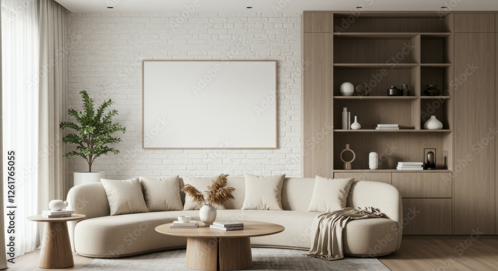 Obraz premium Modern living room, minimalist design, L-shaped beige sofa, white brick wall, wooden flooring, hanging pendant light, large empty picture frame, potted plant, dark accent wall, neutral color palette, 