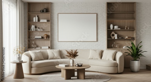 Modern living room, minimalist design, L-shaped beige sofa, white brick wall, wooden flooring, hanging pendant light, large empty picture frame, potted plant, dark accent wall, neutral color palette, 
