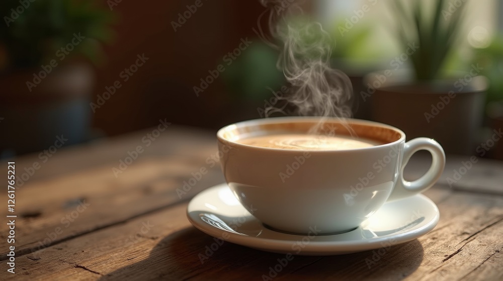 rustic wooden table with a steaming cup of coffee, creating a cozy atmosphere rustic wooden table with a steaming cup of coffee, creating a cozy atmosphere