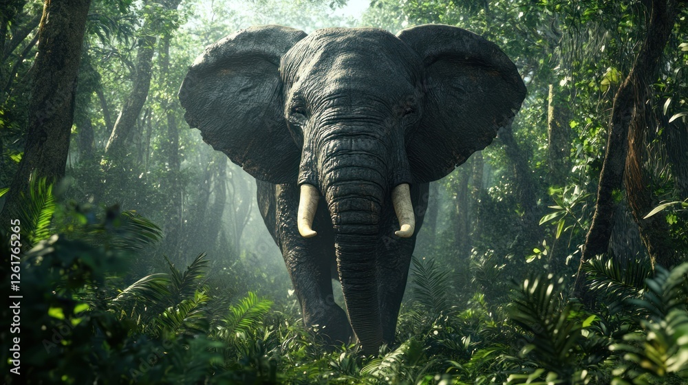 Fototapeta premium Majestic African Elephant in Lush Tropical Rainforest Setting: A Breathtaking Wildlife Encounter