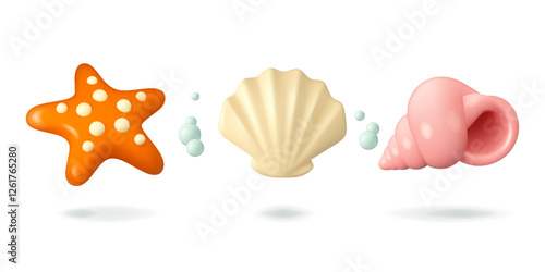 Shell and starfish vector 3d icon set. Cartoon sea life design elements with water bubbles isolated on white background.