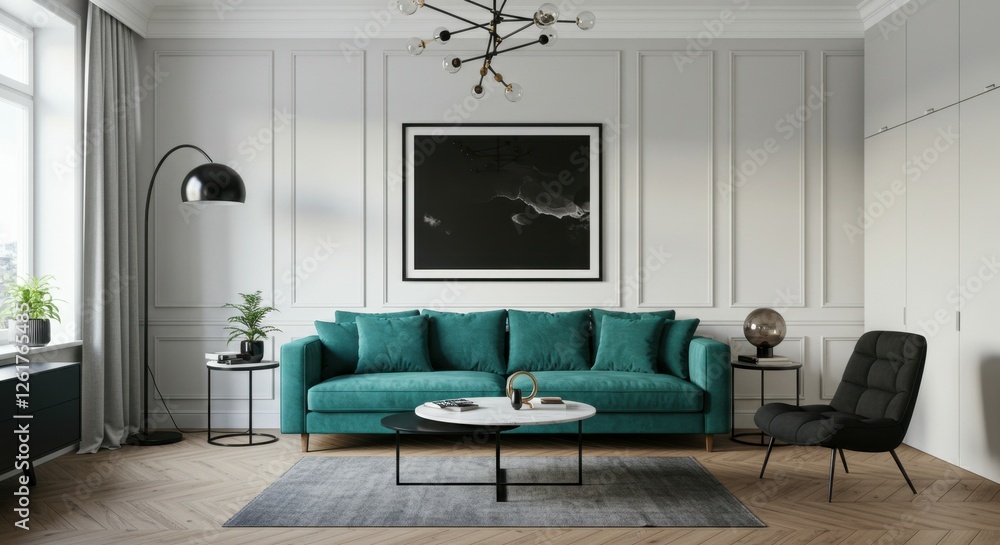 Fototapeta premium Interior design, living room, teal velvet sofa, modern decor, black and white artwork, white walls, gray armchair, floor lamp, coffee table, minimalist style, houseplant, natural light, hardwood floor