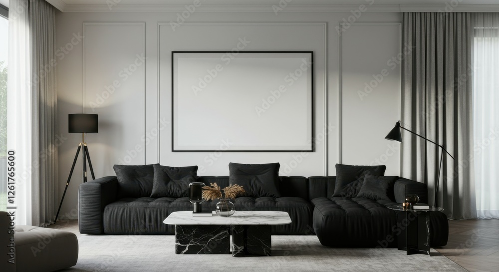 Fototapeta premium Modern minimalist living room, dark gray velvet sofa, white walls, large abstract artwork, floor lamp, coffee table, monochromatic color scheme, elegant interior design, symmetrical composition, soft 