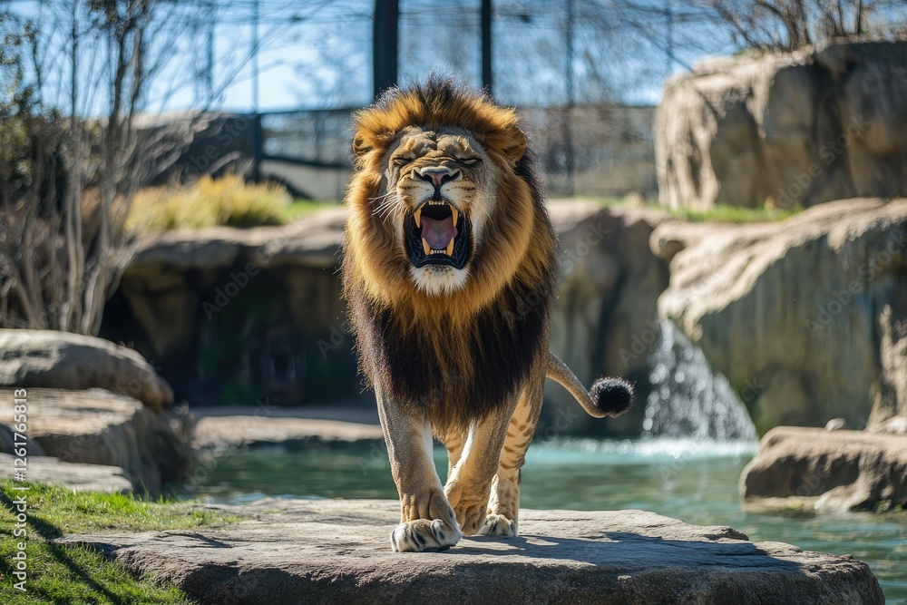 Naklejka premium Majestic Lion Roaring Near Water Rocks