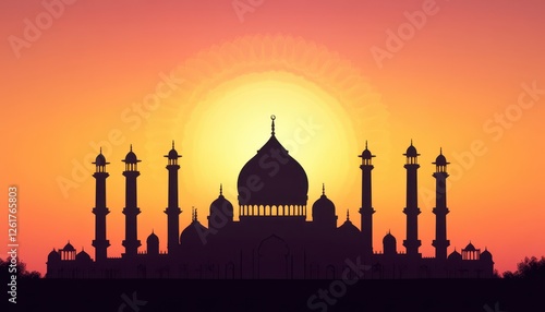 Wallpaper Mural Silhouette of a grand mosque at sunset, with a vibrant orange and yellow sky. The detailed structure is set against a warm, colorful backdrop Torontodigital.ca