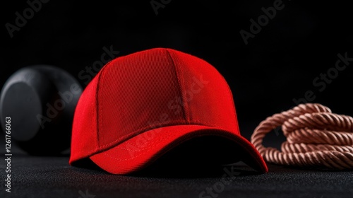 A vibrant red cap placed next to a weight and a piece of rope, symbolizing fitness and athleticism.