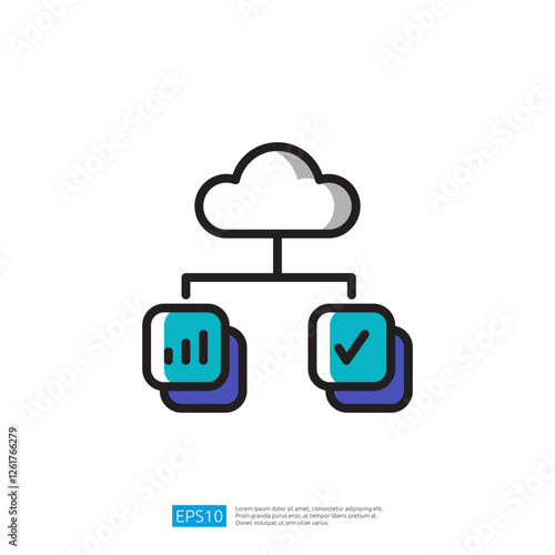 a cloud symbol connected to two boxes, one displaying a graph and the other a checkmark, representing data storage and verification in cloud computing illustration icon