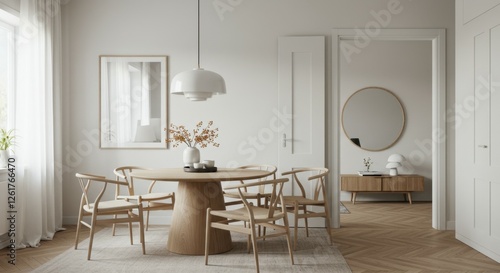 Scandinavian dining room, minimalist interior design, natural wood table, wishbone chairs, round mirror, pendant lights, white brick wall, wooden flooring, potted plant, neutral color palette, cozy at