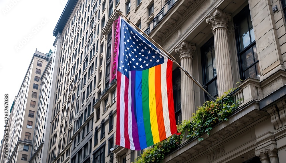 Fototapeta premium Pride Flag and American Flag Hanging on a Historic Building in New York City