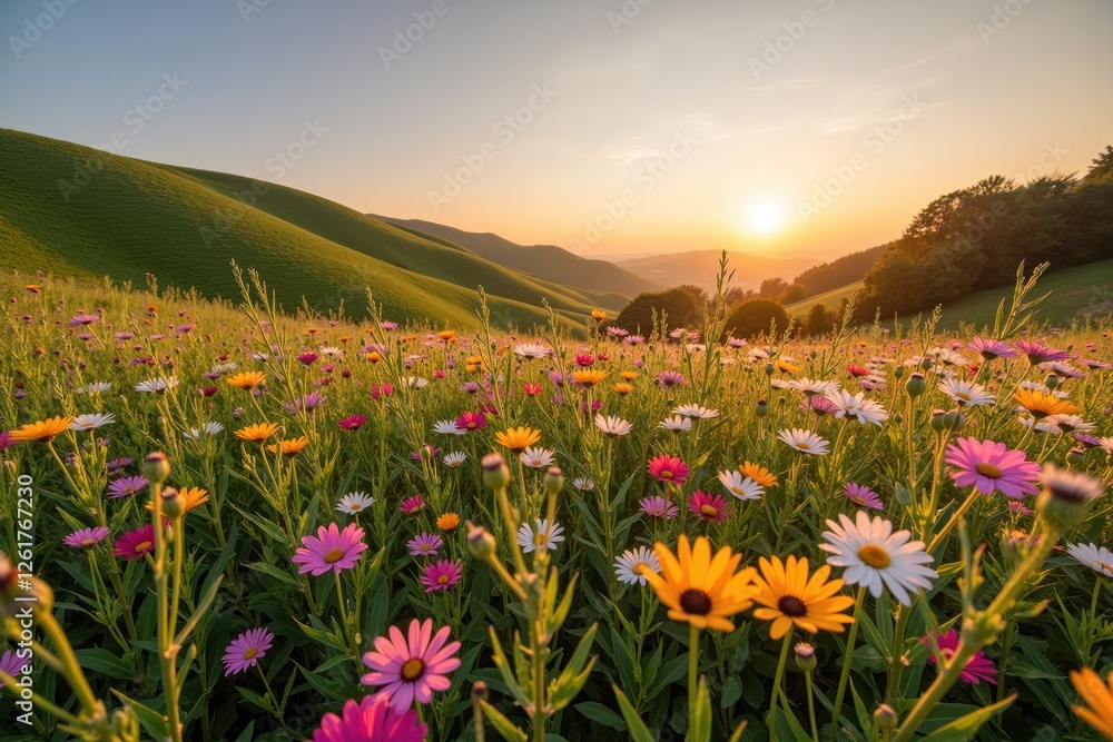 Obraz premium Colorful Flower Field at Sunset with Rolling Hills and Warm Glow