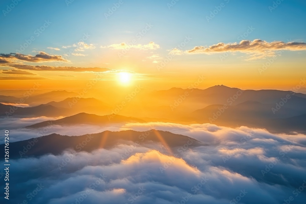 Golden Sunrise Over Mountain Peaks And Clouds Golden Sunrise Over Mountain Peaks And Clouds
