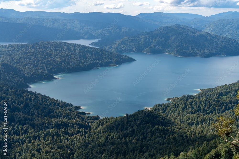 High angle view of a serene Lake Waikaremoana nestled amongst lush, green mountains. Tranquil landscape. Lake Waikaremoana Track, Hawkes Bay, New Zealand High angle view of a serene Lake Waikaremoana nestled amongst lush, green mountains. Tranquil landscape. Lake Waikaremoana Track, Hawkes Bay, New Zealand