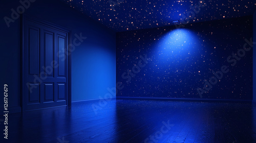 Dark blue corridor with mystical ethereal light illuminating empty hallway space  creating mysterious atmospheric interior
