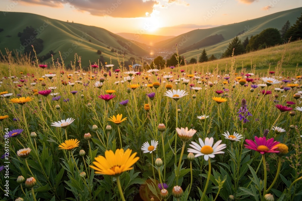 Fototapeta premium Colorful Flower Field at Sunset with Rolling Hills and Warm Glow