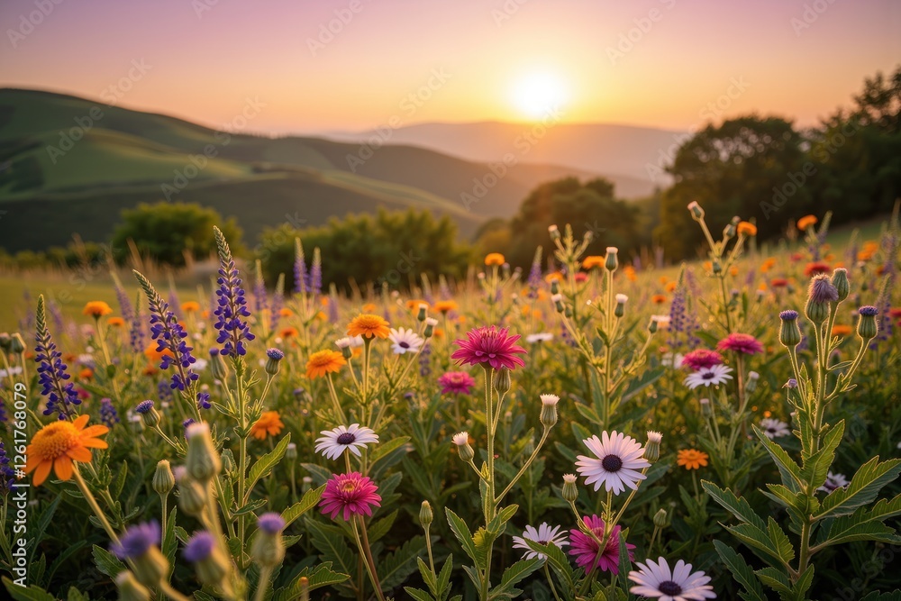 Obraz premium Colorful Flower Field at Sunset with Rolling Hills and Warm Glow
