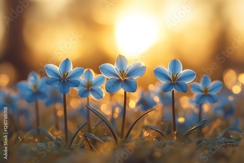 A vibrant field of blue scilla flowers under a clear blue sky, swaying in the gentle breeze.