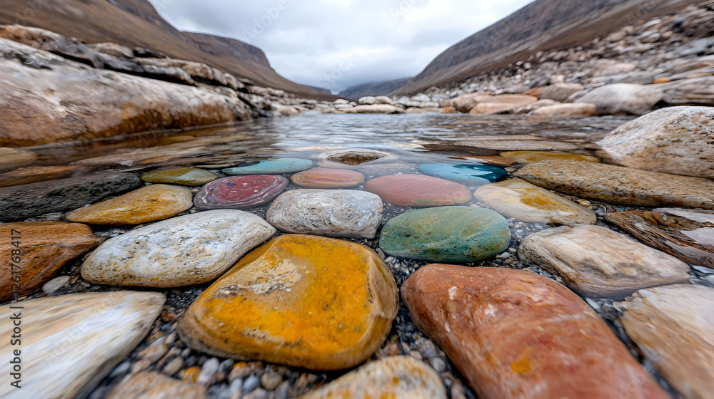 Fototapeta premium Colorful river rocks in mountain valley, travel background