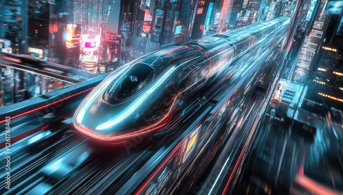 Futuristic train speeding through vibrant city skyline photo