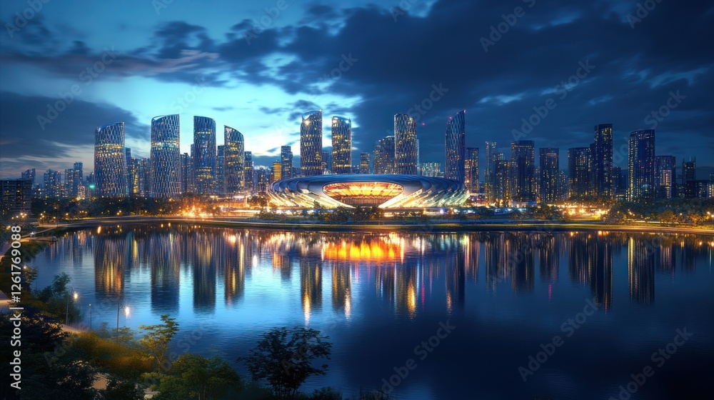 Obraz premium Night Scene of a Modern City Skyline Reflected in a Calm Lake at Dusk, Illuminated Buildings and Stadium