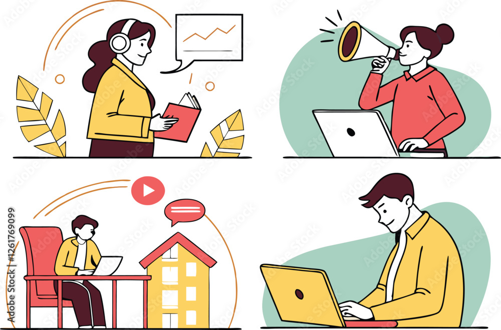 Digital business concept illustrations. Set of illustrations of men and women in various activities of online business, communication, marketing. Modern vector style for graphic and web design. Digital business concept illustrations. Set of illustrations of men and women in various activities of online business, communication, marketing. Modern vector style for graphic and web design.
