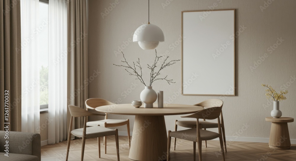 Obraz premium Minimalist dining room, round wooden table, mid-century modern chairs, neutral tones, beige walls, white curtains, arched floor lamp, white vase with branches, framed artwork, natural light, Scandinav