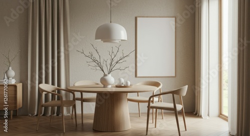 Minimalist dining room, round wooden table, mid-century modern chairs, neutral tones, beige walls, white curtains, arched floor lamp, white vase with branches, framed artwork, natural light, Scandinav