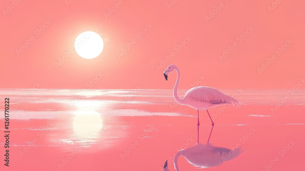 Fototapeta premium Flamingo stands in water at sunset casting a reflection