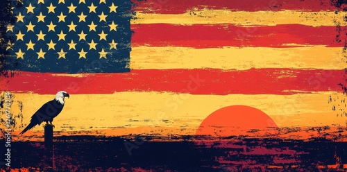 Bald eagle perched over an american flag at sunset