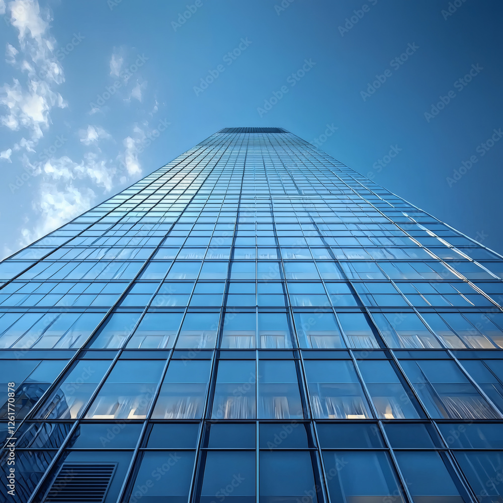 Glass skyscraper building with blue glass facade reflecting clouds and sky on modern architecture business district downtown urban scene Glass skyscraper building with blue glass facade reflecting clouds and sky on modern architecture business district downtown urban scene
