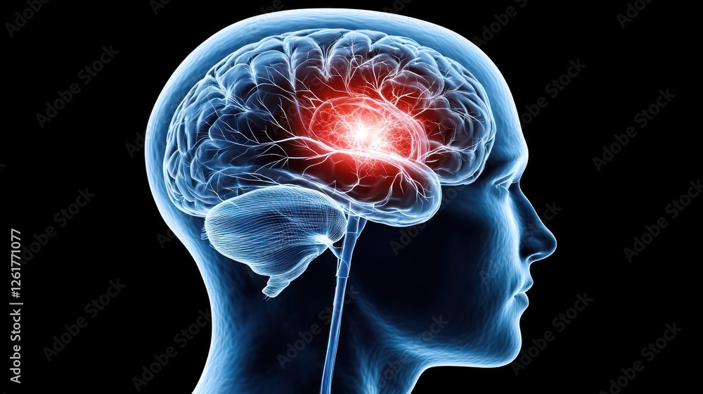 Obraz premium Digital illustration of stroke impact on cognitive functions, brain with disrupted neural pathways, cerebrovascular, neurology.