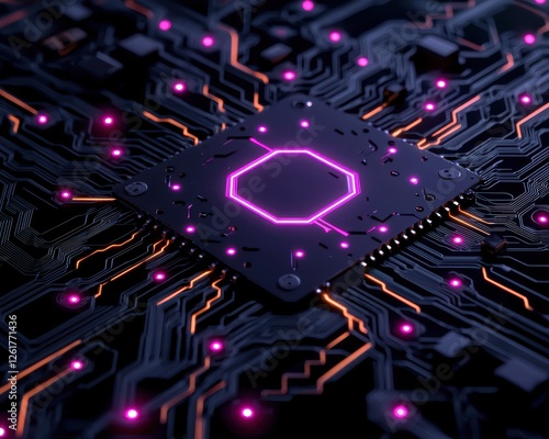 Close-up of a modern microchip showcasing intricate circuitry and vibrant neon lights.