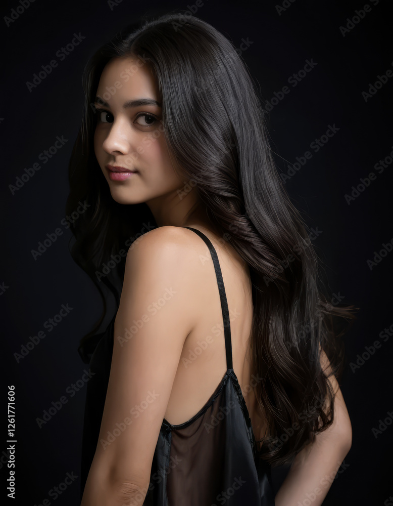 Fototapeta premium Portrait of young woman with long wavy black hair wearing elegant black dress against dark background