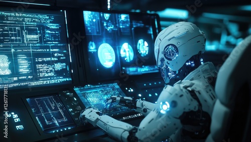 Fototapeta Naklejka Na Ścianę i Meble -  Futuristic robot operates complex console in a spaceship cockpit