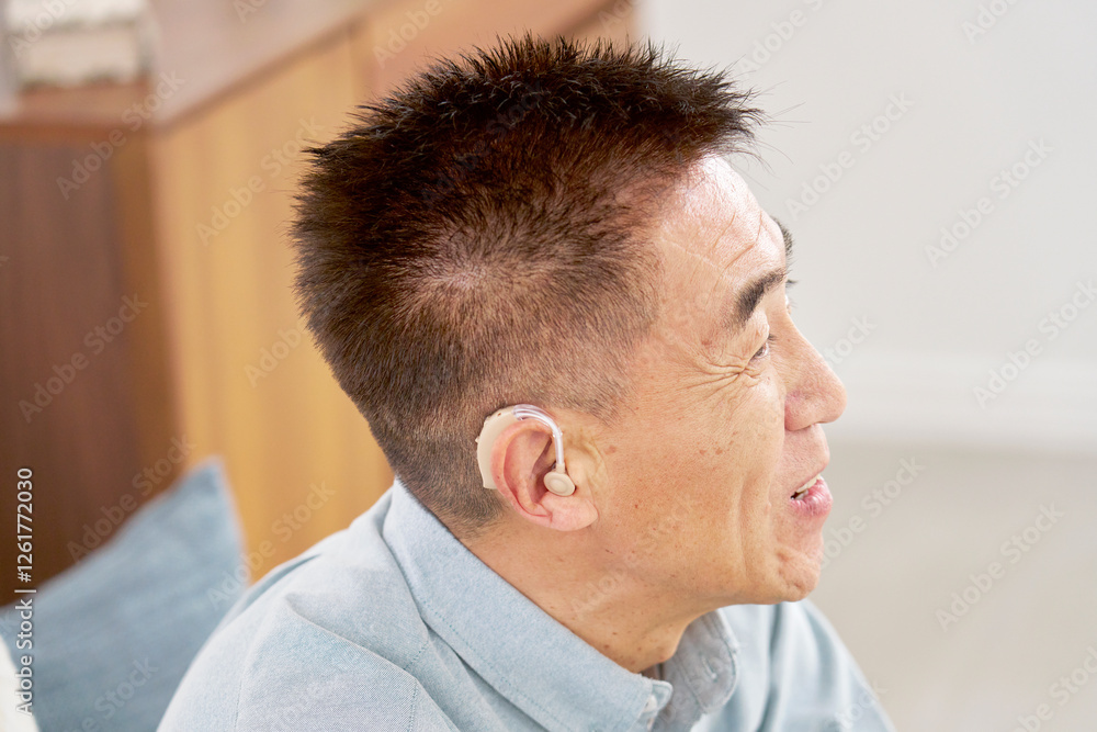 Obraz premium 補聴器を付けたシニア男性 リビング