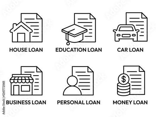 Loan icon set. Containing loan education, house, personal, business, money icons. Personal finance icons. Vector illustration.