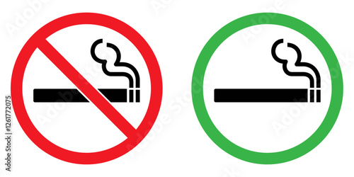No smoking area and smoking area sign printable red and green color. No smoking, ban symbol. No smoking symbol. no smoke circle in red and green. Forbidden icon. stop symbol icon set.