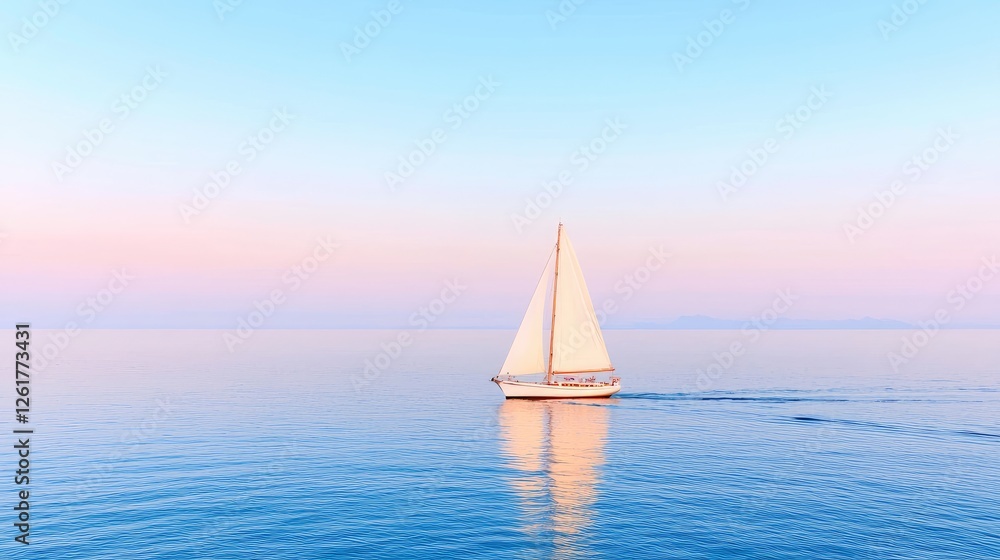 Obraz premium Calm Sailboat Sunset Seascape. Scenic View. Possible Stock Use