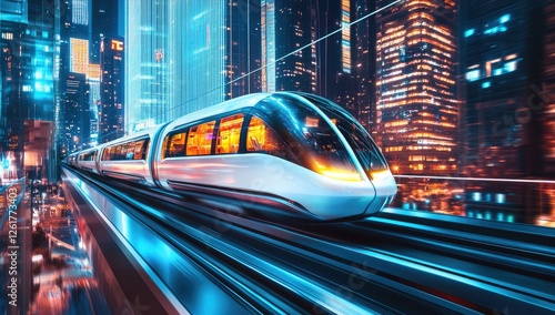 Futuristic train speeding through vibrant city night photo