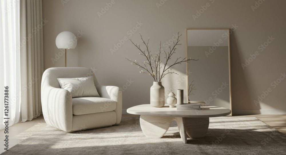 Minimalist living room, neutral tones, cream armchair, round wooden coffee table, vase with branches, large leaning mirror, soft natural lighting, curtains, beige carpet, cozy interior design, Scandin Minimalist living room, neutral tones, cream armchair, round wooden coffee table, vase with branches, large leaning mirror, soft natural lighting, curtains, beige carpet, cozy interior design, Scandin