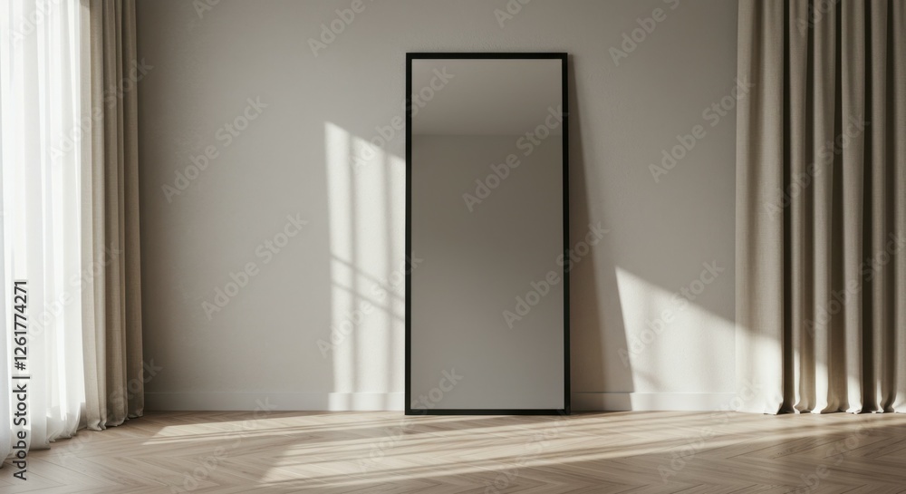 Minimalist interior, empty picture frame, white wall, wooden floor, sunlight and shadows, neutral tones, zen atmosphere, clean lines, simplicity, negative space, contemporary design, calm mood, soft l Minimalist interior, empty picture frame, white wall, wooden floor, sunlight and shadows, neutral tones, zen atmosphere, clean lines, simplicity, negative space, contemporary design, calm mood, soft l