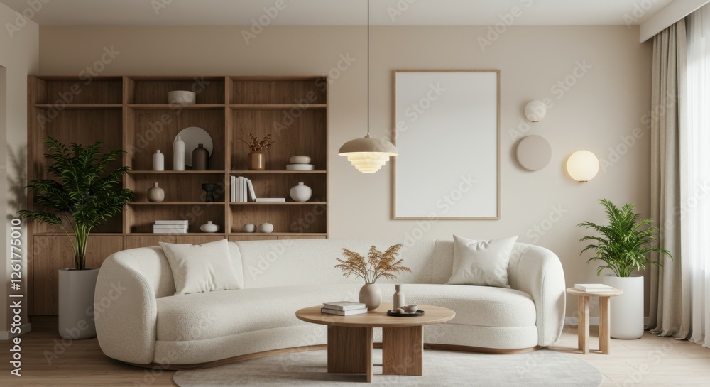 Fototapeta premium Modern minimalist living room, curved white sofa, wooden shelving unit, neutral color palette, round coffee table, potted plants, beige walls, natural light, cozy interior design, Scandinavian influen