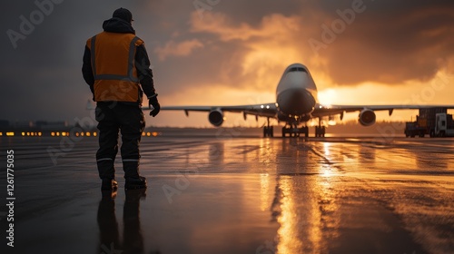 Freight airplane being loaded with cargo, tarmac wet from recent rain, warm golden light illuminating the scene, side perspective photo