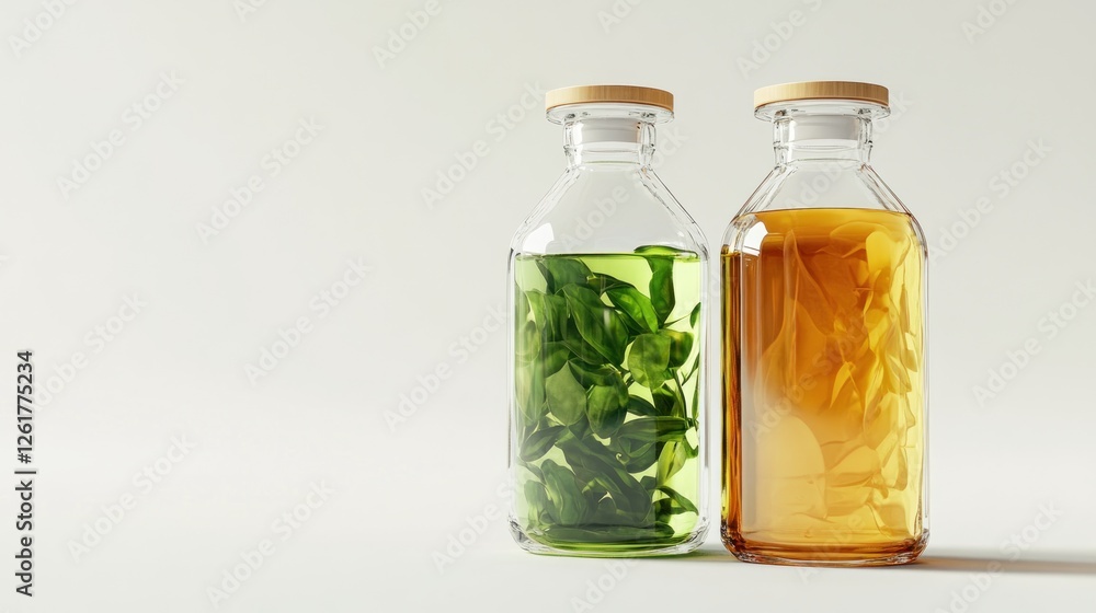 Glass Bottles with Liquids and Leaves, Studio Shot, Product Presentation Glass Bottles with Liquids and Leaves, Studio Shot, Product Presentation