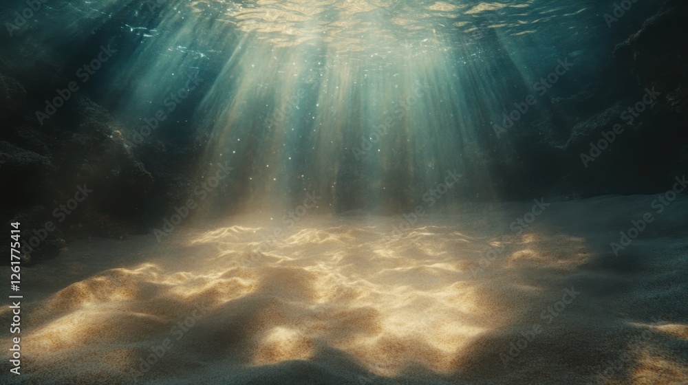 Serene Underwater Deep Ocean Scene with Light Rays Shimmering Through, Illuminating Sandy Seabed Serene Underwater Deep Ocean Scene with Light Rays Shimmering Through, Illuminating Sandy Seabed