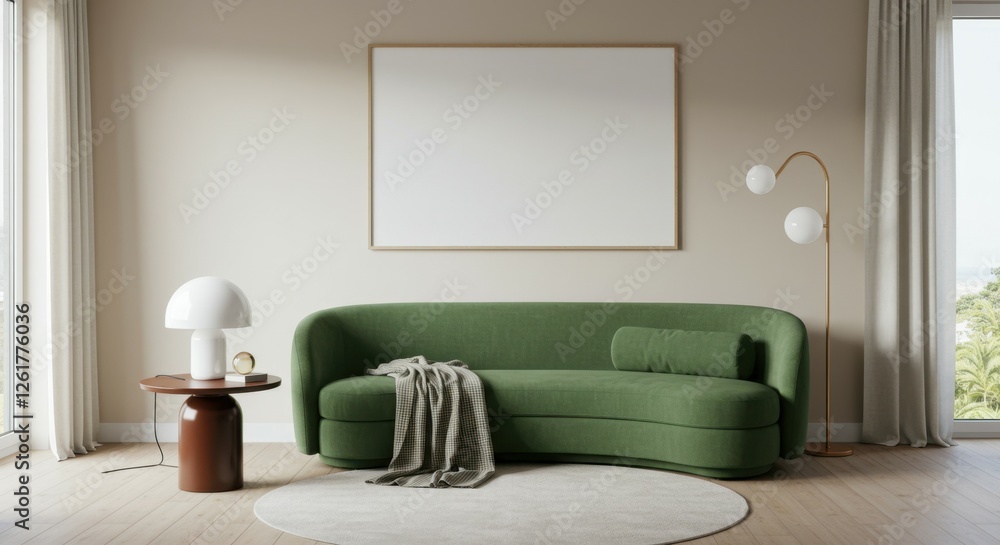Fototapeta premium Modern minimalist interior, curved green velvet sofa, white textured wall art, mushroom-shaped table lamps, wooden floor, large window, natural light, soft shadows, muted color palette, clean lines, c