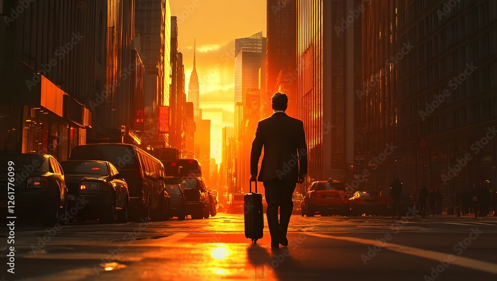 NYC Businessman Walking Sunrise City Street NYC Businessman Walking Sunrise City Street