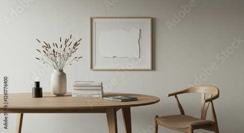 Minimalist interior, Scandinavian design, wooden table, beige chair, white vase with branches, framed abstract art, neutral color palette, soft lighting, clean lines, textured wall, cozy atmosphere, m