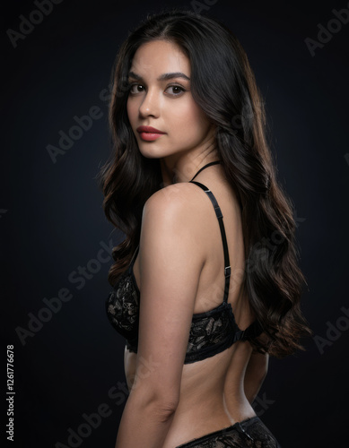 Wallpaper Mural Elegant woman with long wavy hair wearing black lace lingerie posing against dark background, confident and sensual expression, studio lighting Torontodigital.ca