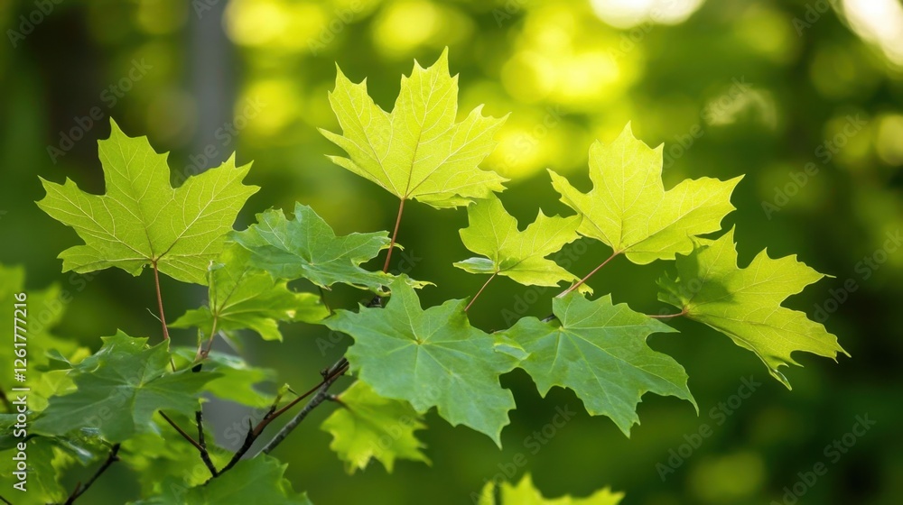 Golden Glow of Summer: Vibrant Maple Leaves Illuminated by Sunlight in a Natural Scene Golden Glow of Summer: Vibrant Maple Leaves Illuminated by Sunlight in a Natural Scene
